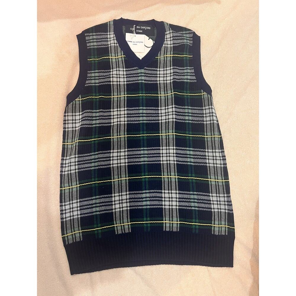 Comme des Garcons Home Knit Navy Plaid V-neck Vest Size Large